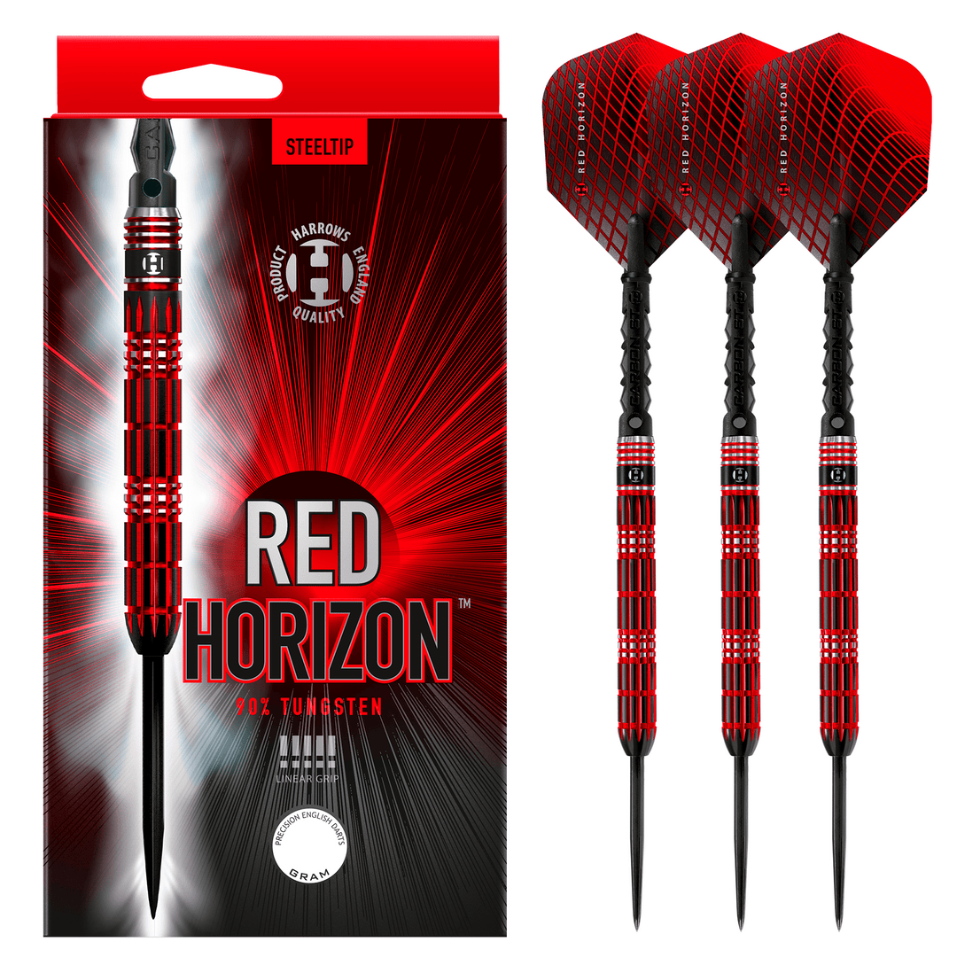 Harrows Red Horizon Steel Tip Darts 90% Tungsten — set contents and packaging