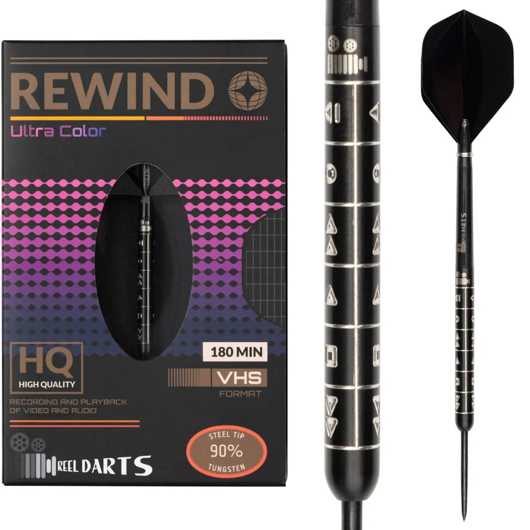 Reel Rewind Steel Tip Darts 90% Tungsten — dart, barrel detail and packaging