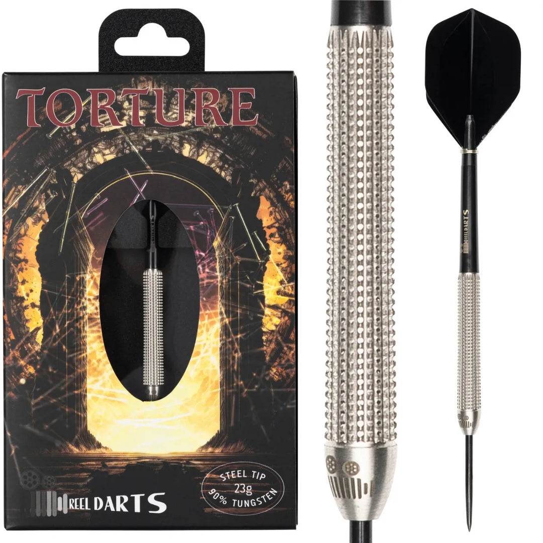 Reel Torture Steel Tip Darts 90% Tungsten — dart, barrel detail and packaging