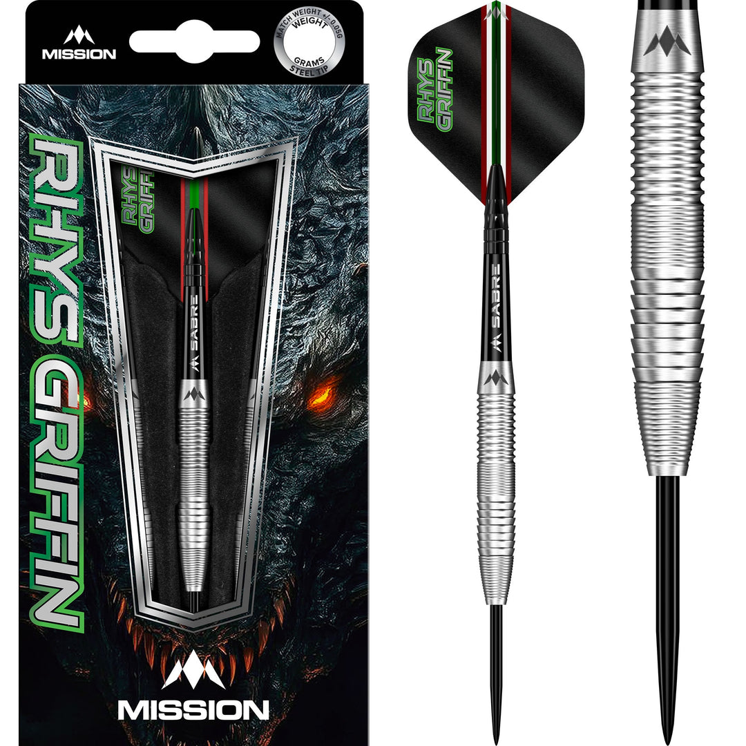 Mission Rhys Griffin Steel Tip Darts 95% Tungsten — dart, barrel detail and packaging