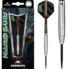 Mission Rhys Griffin Steel Tip Darts 95% Tungsten — dart, barrel detail and packaging