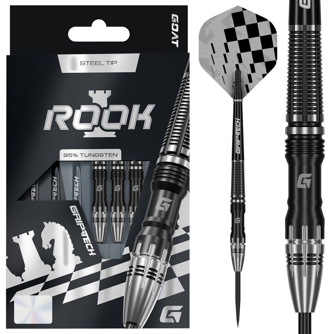 Goat Rook Steel Tip Darts 95% Tungsten — dart, barrel detail and packaging