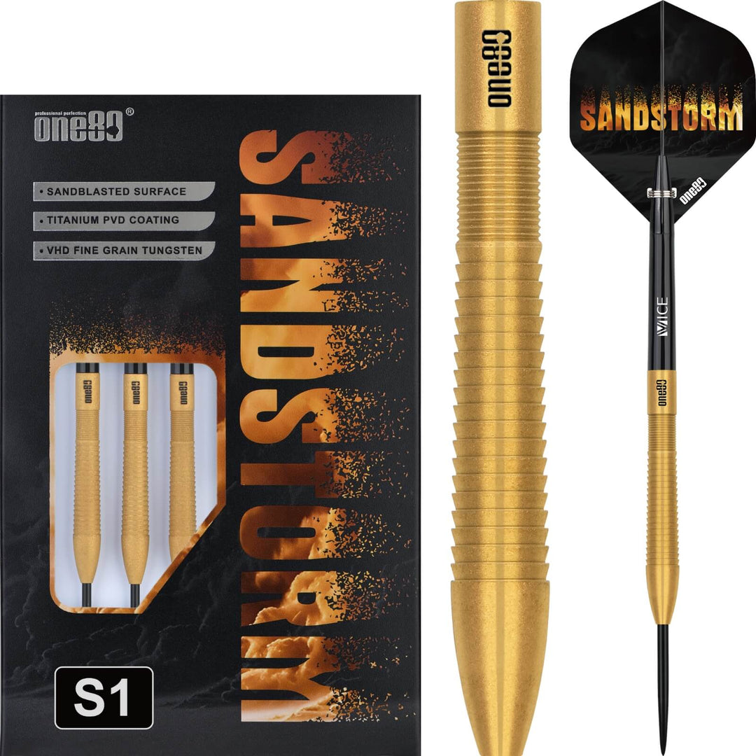One80 Sandstorm S1 Steel Tip Darts 90% Tungsten — dart, barrel detail and packaging