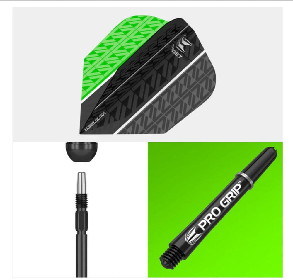 Target Vapor8 Black/Green Swiss 80% Tungsten Darts — flight, shaft and point details