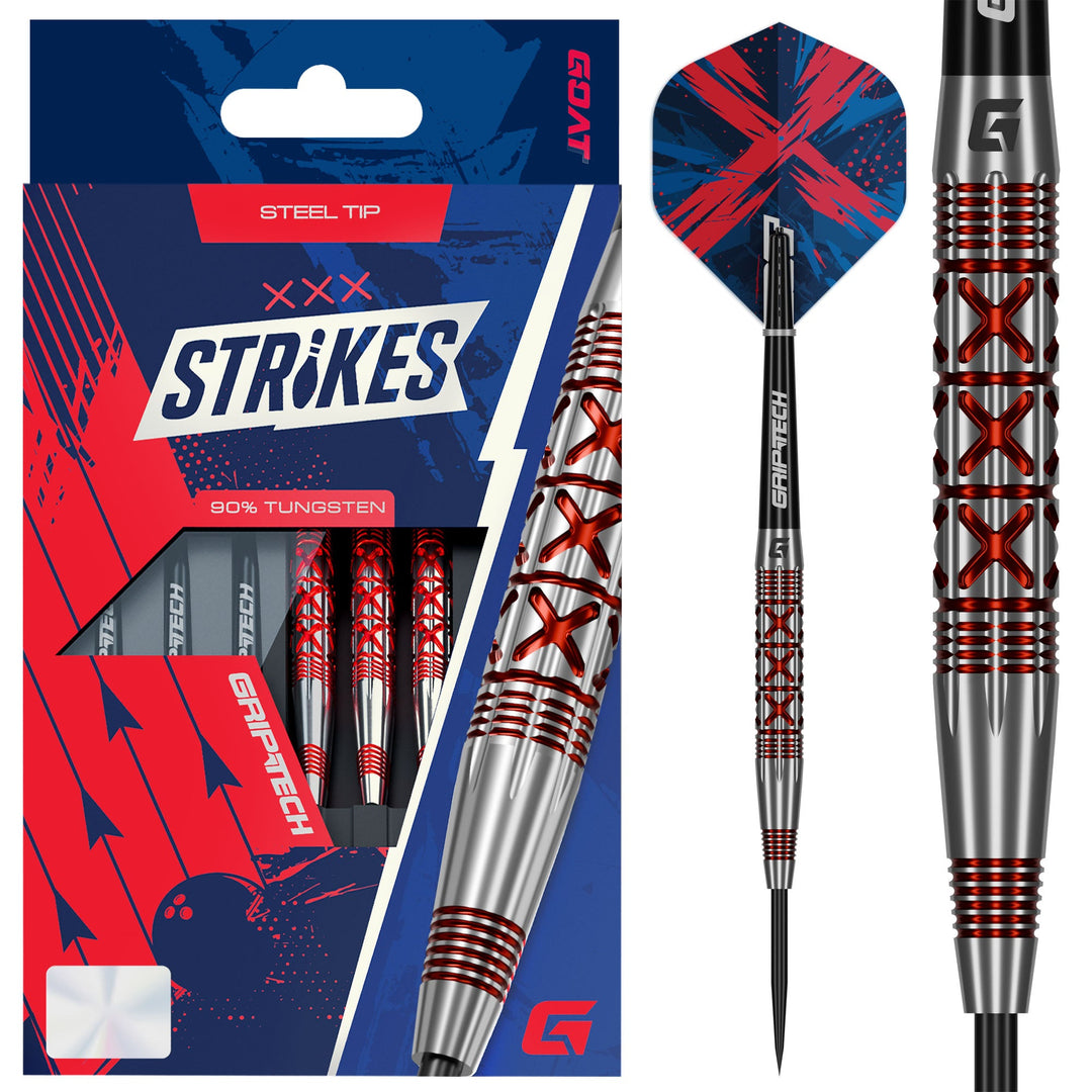 Goat Strike Steel Tip Darts 90% Tungsten — dart, barrel detail and packaging