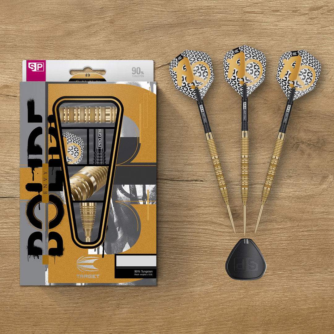 Target Bolide Envy 01 90% tungsten steel tip darts with gold straight barrels