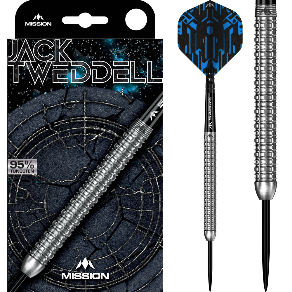 Mission Jack Tweddell Steel Tip Darts 95% Tungsten — dart, barrel detail and packaging