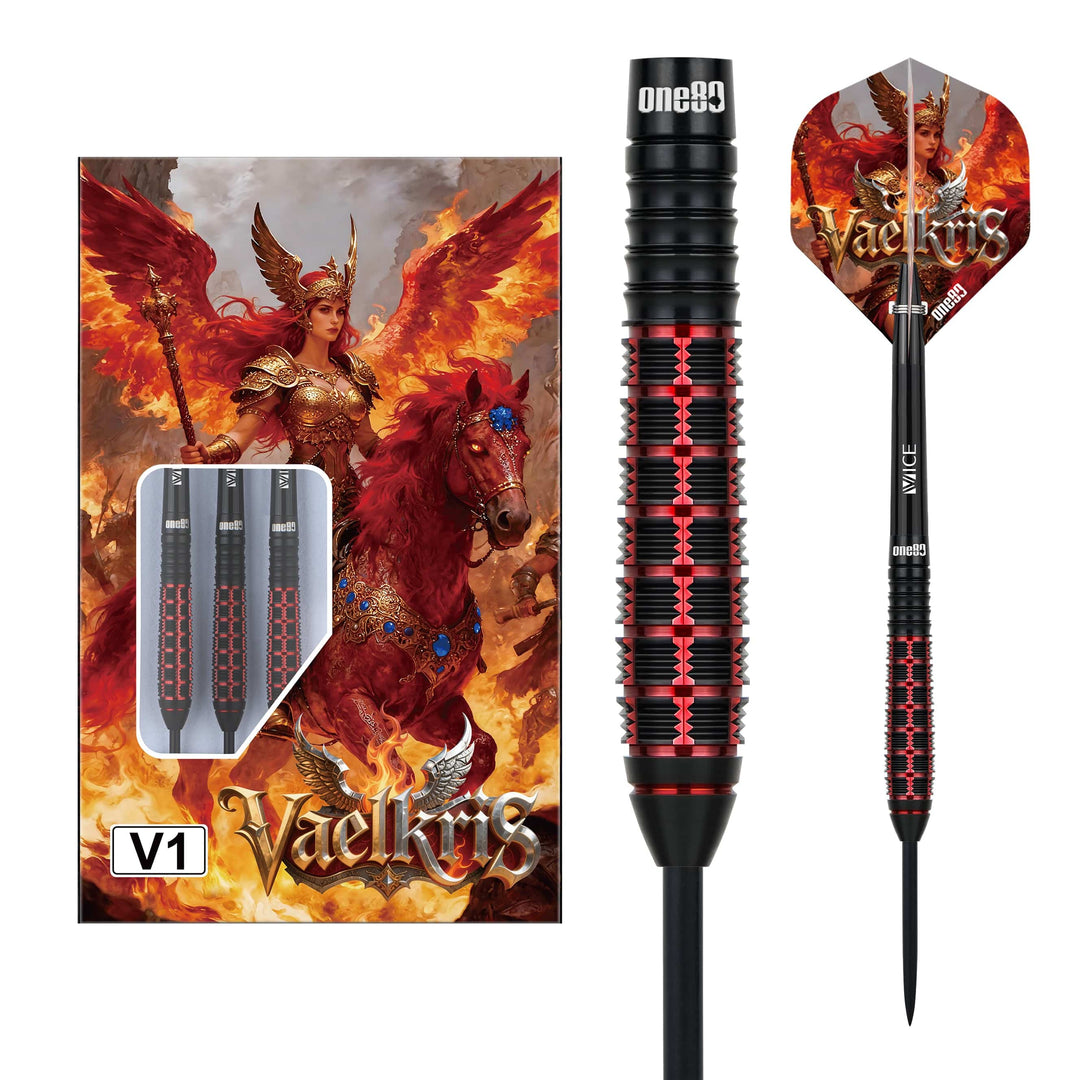 One80 Vaelkris V1 steel-tip darts and supplied setup