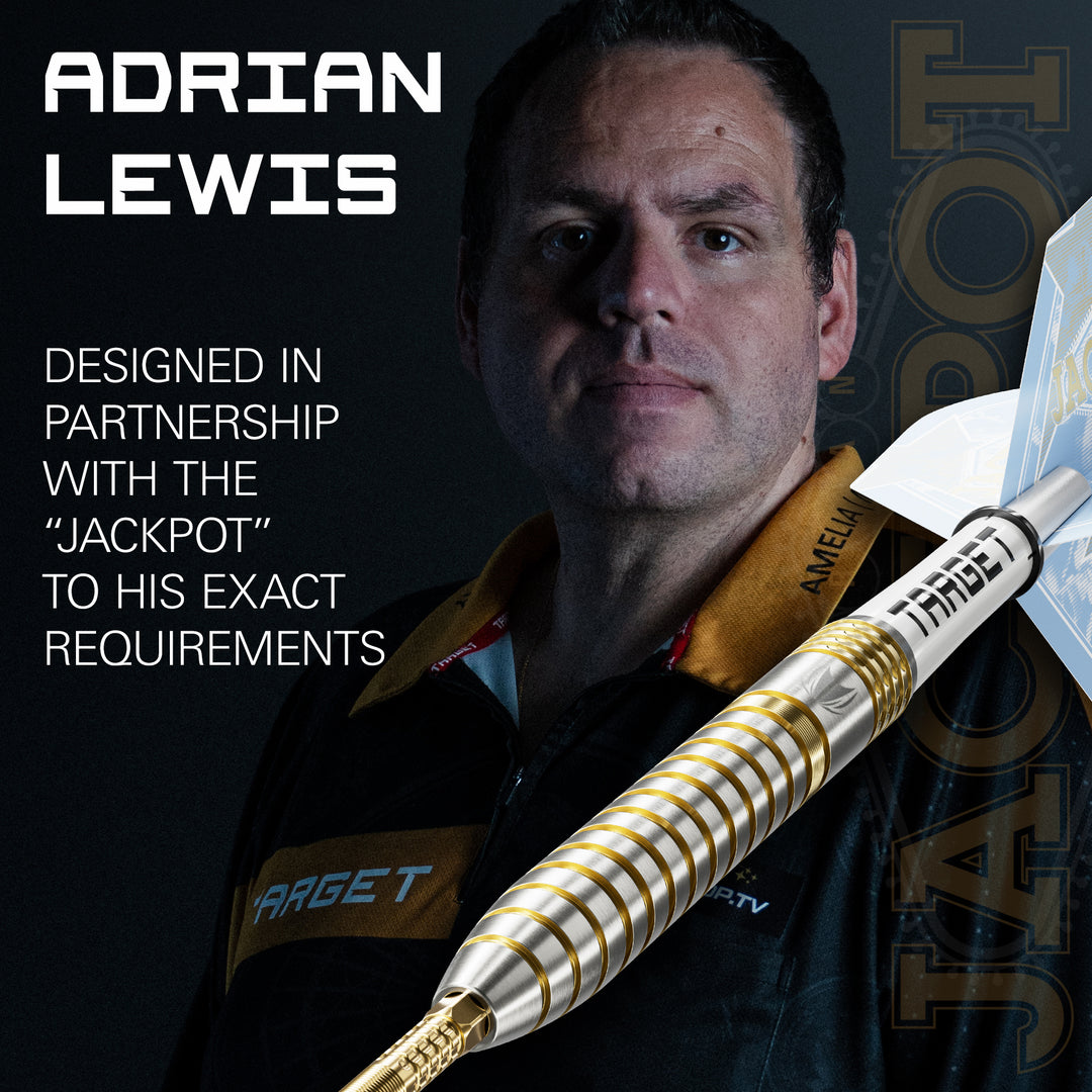 Adrian Lewis Showdown Steel Tip Darts – Adrian Lewis portrait with dart barrel close-up