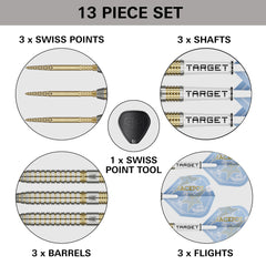 Adrian Lewis Showdown Steel Tip Darts – 13-piece set contents diagram