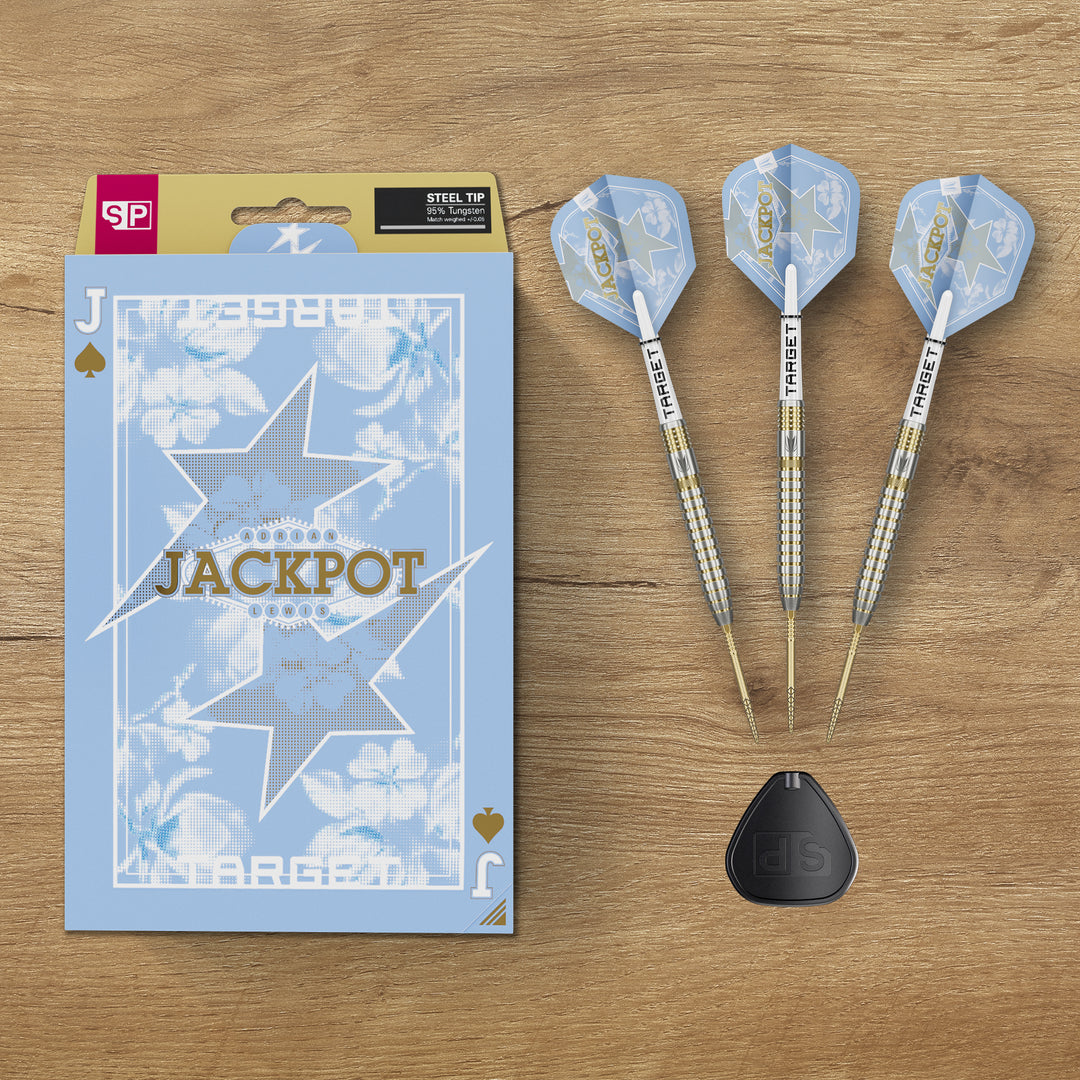 Adrian Lewis Showdown Steel Tip Darts – three assembled darts, point tool and packaging on a wooden surface