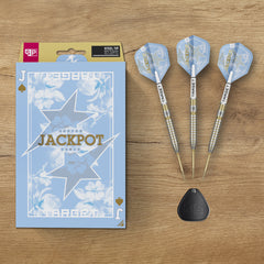 Adrian Lewis Showdown Steel Tip Darts – three assembled darts, point tool and packaging on a wooden surface