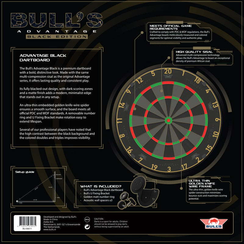 Bulls Advantage Black Dartboard — packaging, rear view