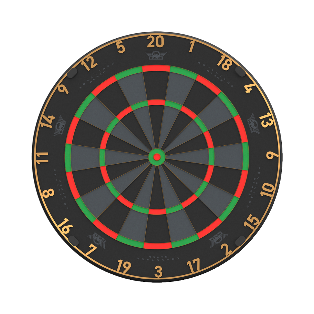 Bulls Advantage Black Dartboard; one complete genuine board face centred on white, with the actual numbering and scoring layout preserved.