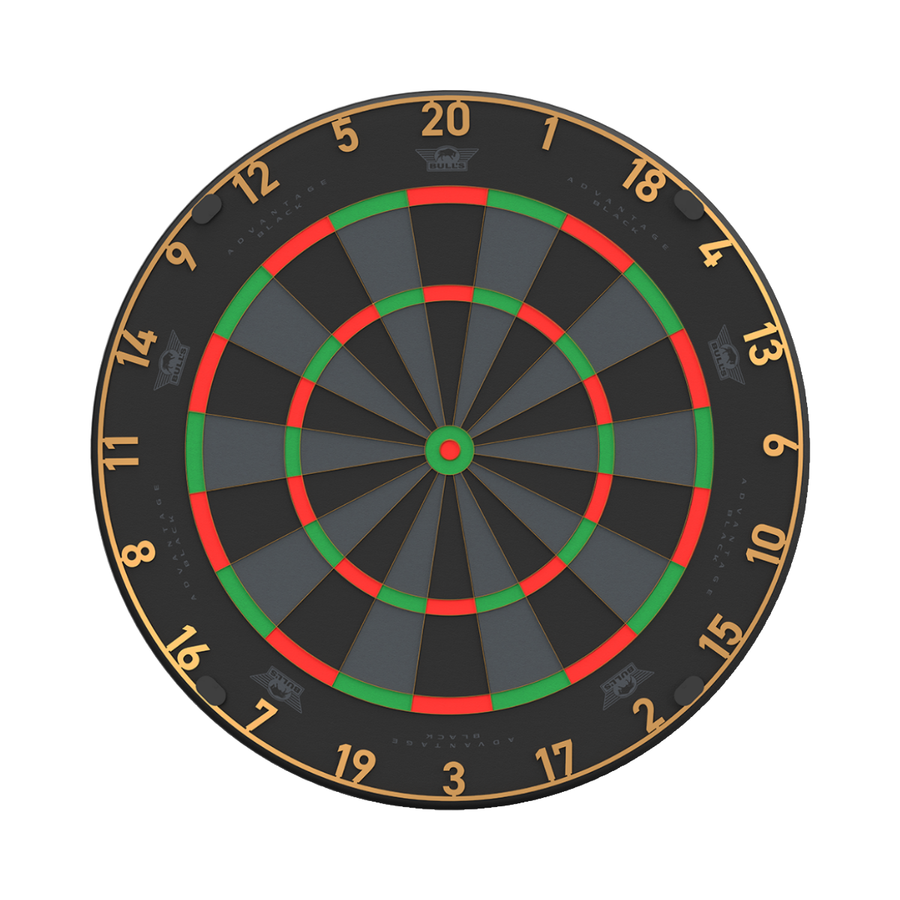 Bulls Advantage Black Dartboard; one complete genuine board face centred on white, with the actual numbering and scoring layout preserved.