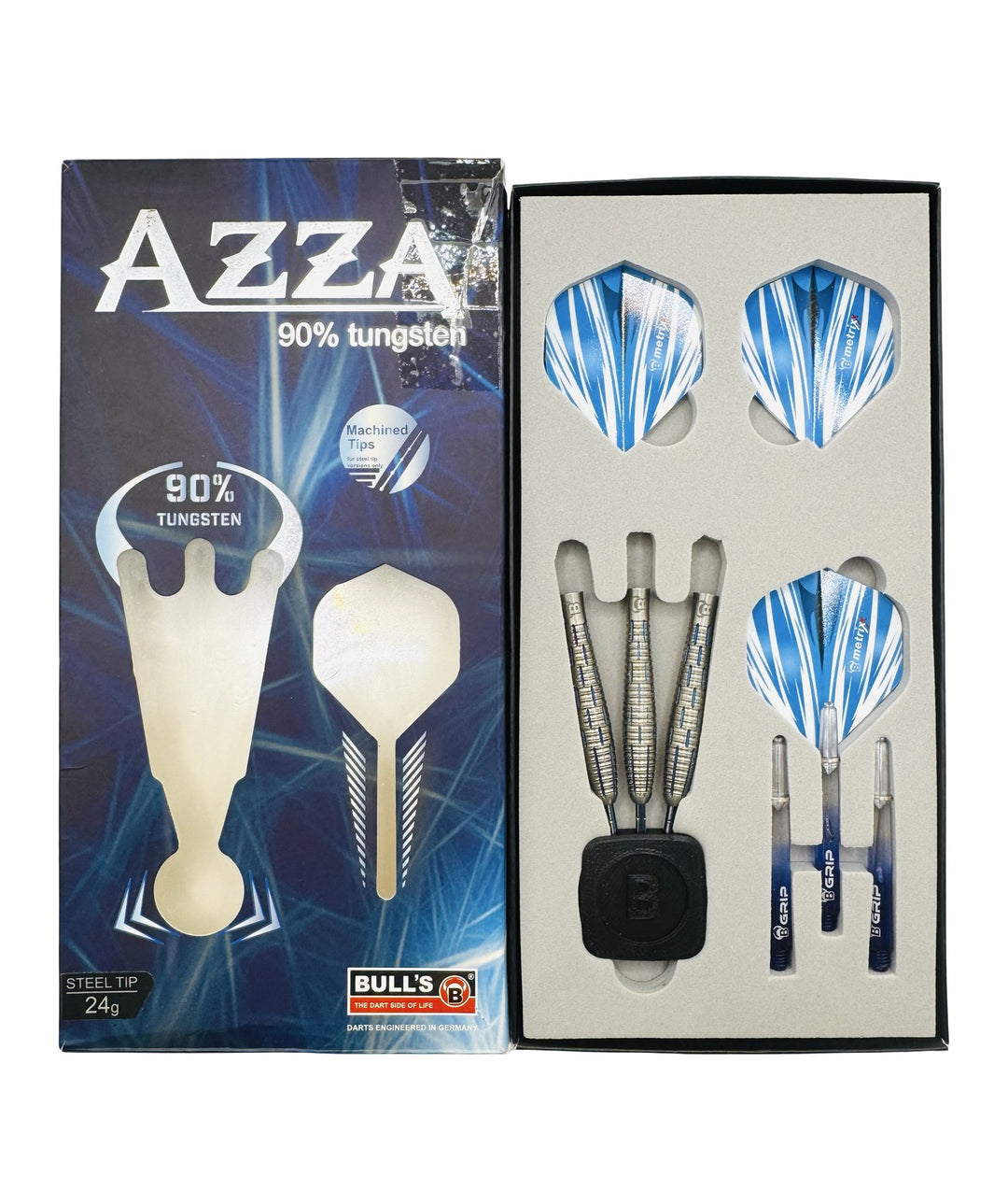 Used Bulls Azza 90% Tungsten 24g — open presentation box with darts