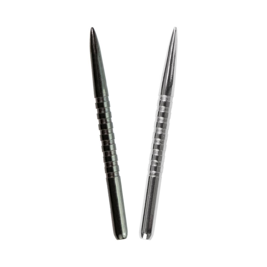 Bulls GP3 34 mm steel tip points in Black and Silver, one of each in a two-point fan with tips facing up; colours sold separately.