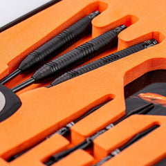 Bulls Mamba 97 M5 Steel Tip Darts 97% Tungsten — dart barrels and accessories in the tray