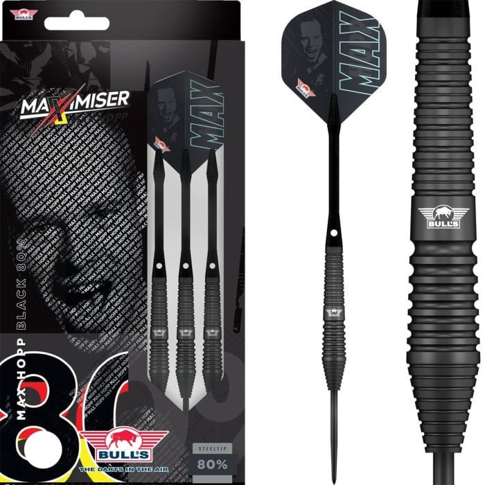 Max Hopp Black Steel Tip Darts - 80% Tungsten — three barrel close-ups