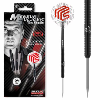 Bulls Mensur Suljovic Black Steel Tip Darts 90% Tungsten — dart, barrel detail and packaging