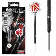 Bulls Mensur Suljovic Black Steel Tip Darts 90% Tungsten — dart, barrel detail and packaging
