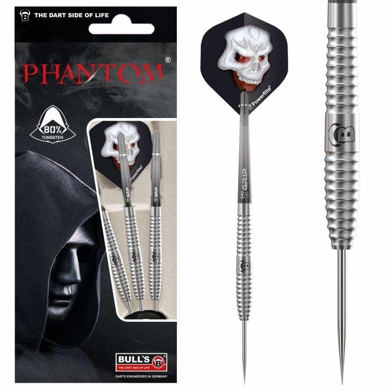 Bulls Phantom Pt3 Steel Tip Darts 80% Tungsten — dart, barrel detail and packaging
