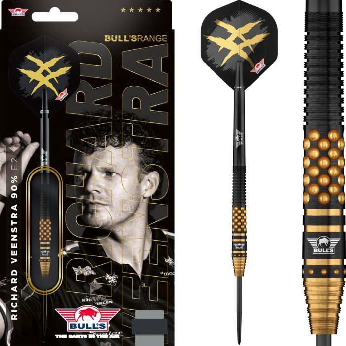 Bulls Richard Veenstra E2 Steel Tip Darts 90% Tungsten — dart, barrel detail and packaging