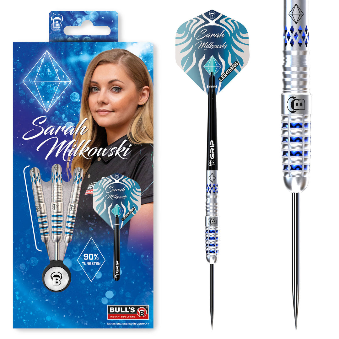 Bulls Sarah Milkowski 22G Steel Tip Darts 90% Tungsten — dart, barrel detail and packaging