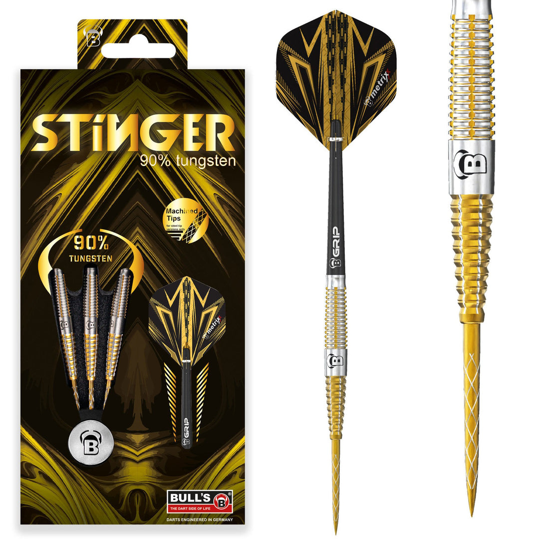Bulls Stinger Steel Tip Darts 90% Tungsten — dart, barrel detail and packaging