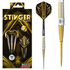 Bulls Stinger Steel Tip Darts 90% Tungsten — dart, barrel detail and packaging