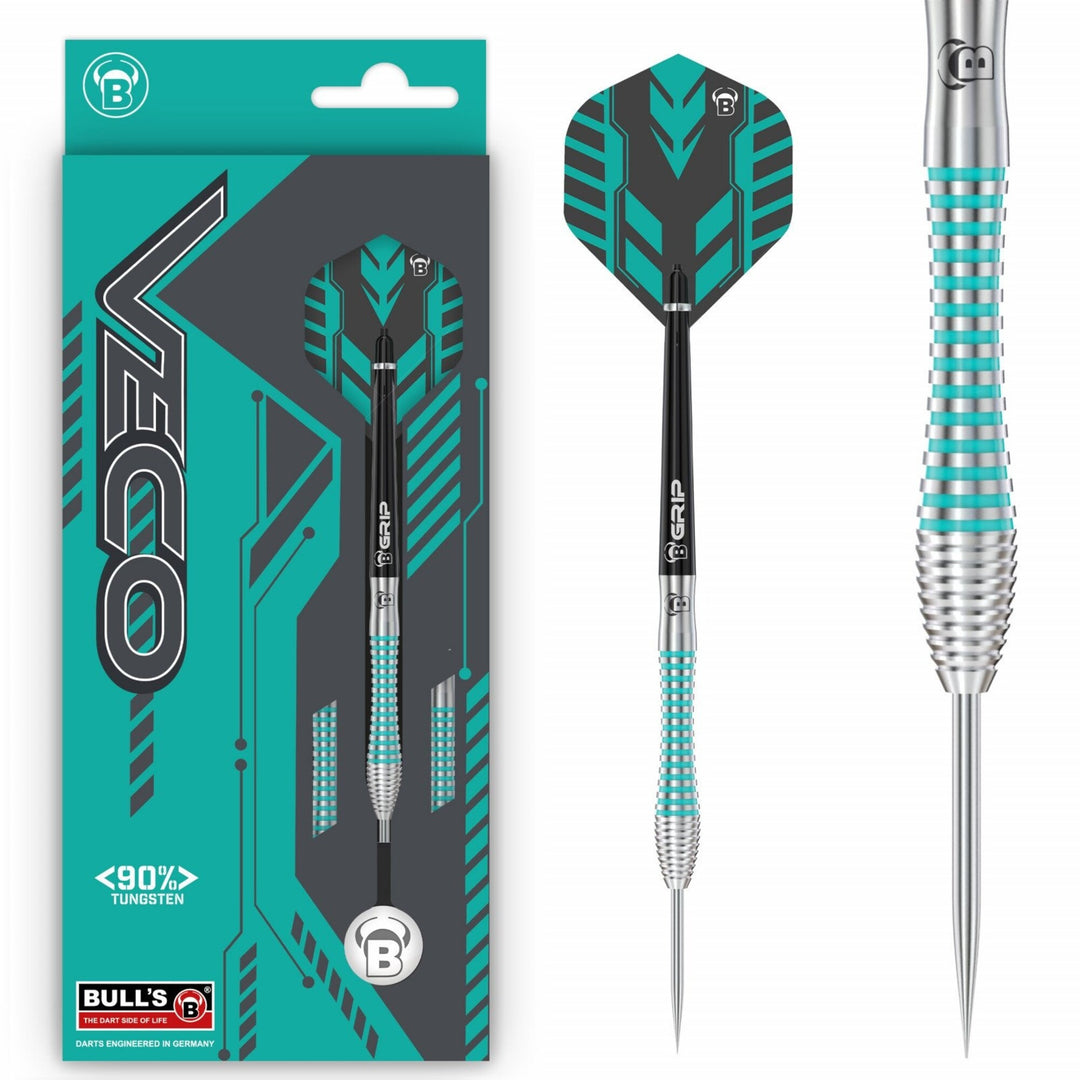 Bulls Veco V2 Steel Tip Darts 90% Tungsten — dart, barrel detail and packaging