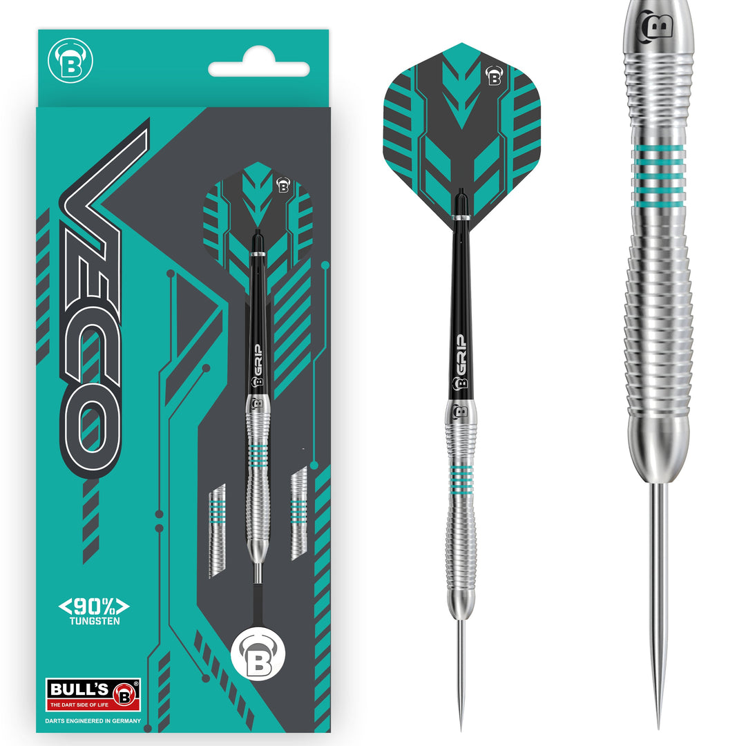Bulls Veco V3 Steel Tip Darts 90% Tungsten — dart, barrel detail and packaging