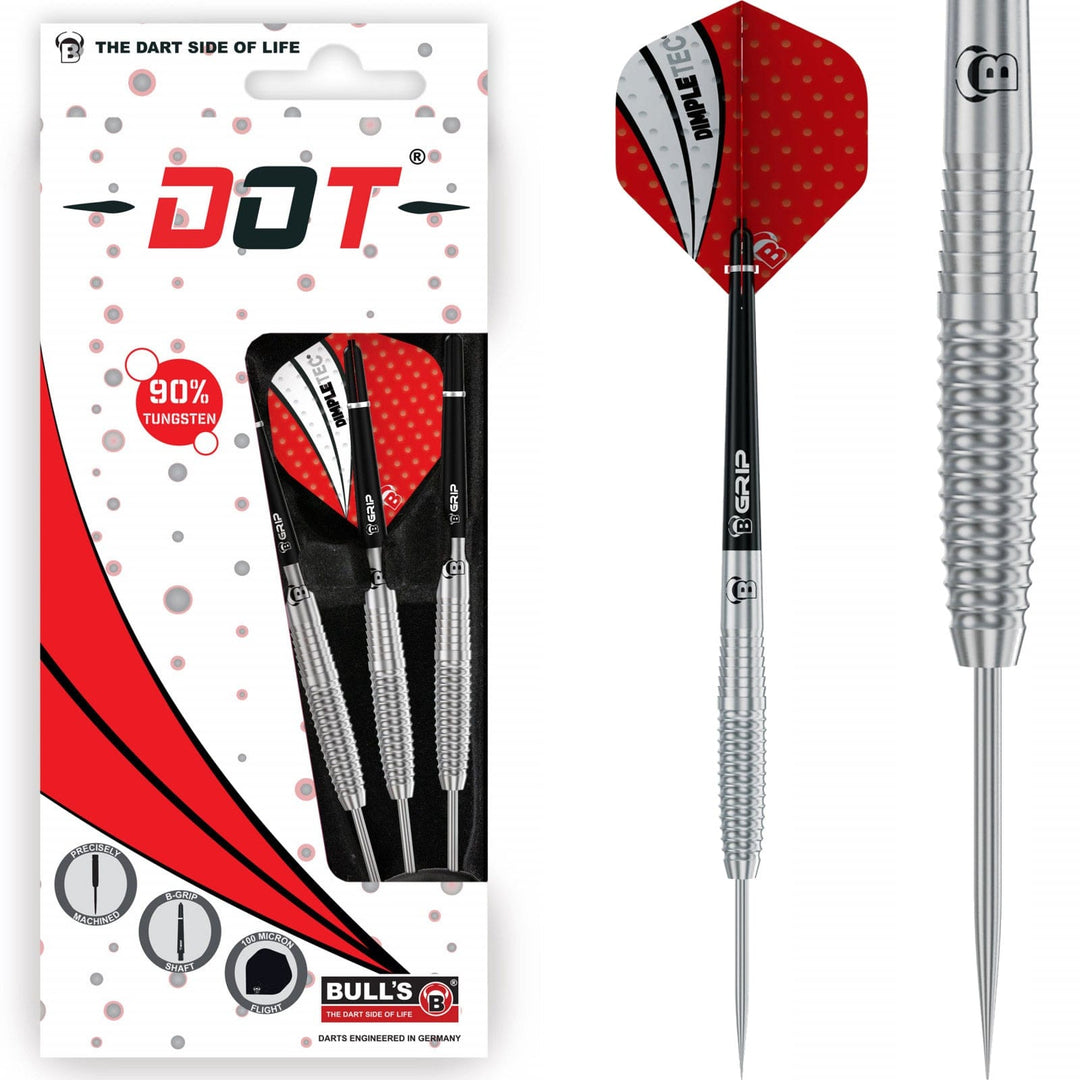 Bulls DOT D1 Steel Tip Darts 90% Tungsten — dart, barrel detail and packaging
