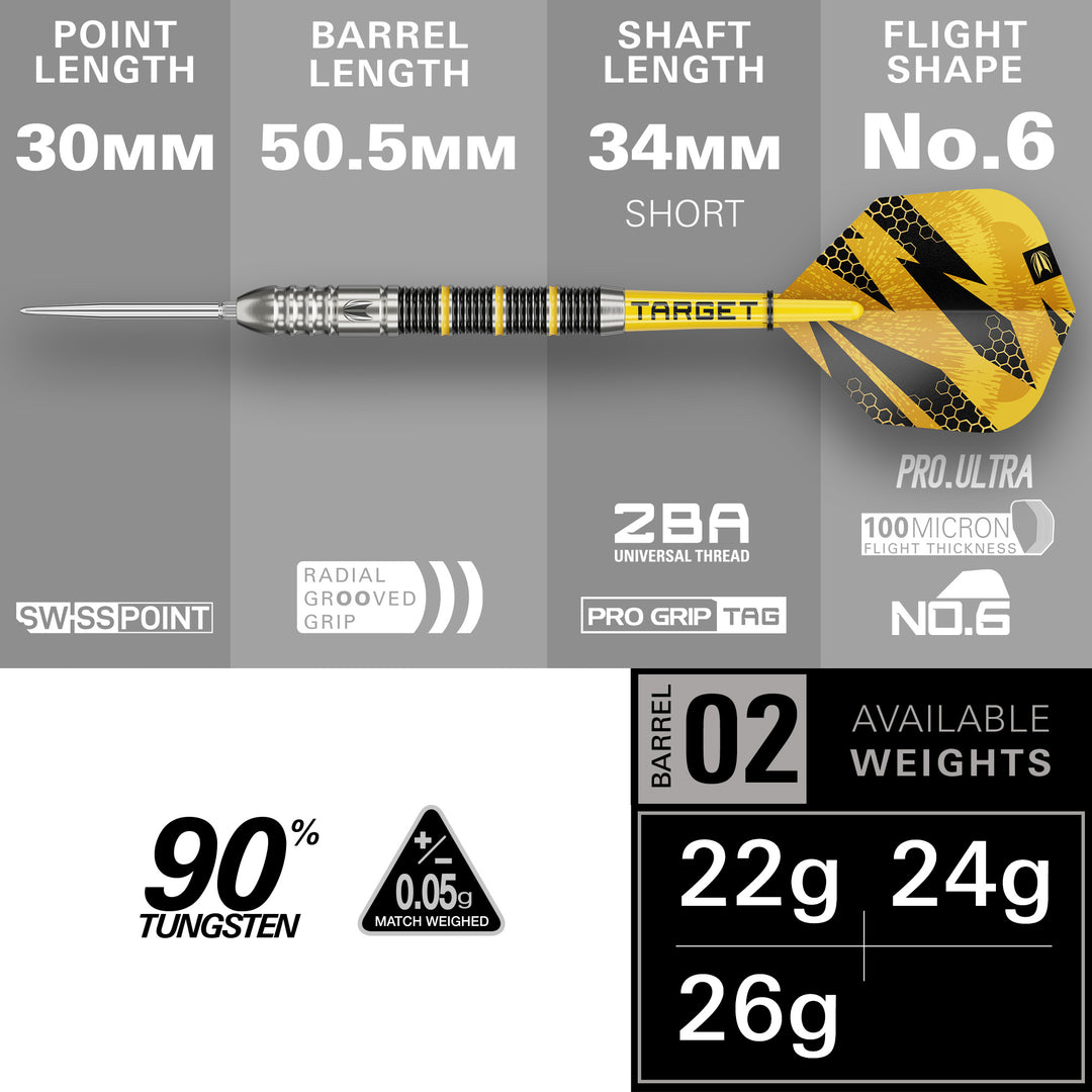 Buzz SP02 Steel Tip Darts - 90% Tungsten – barrel length and setup specifications