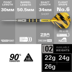 Buzz SP02 Steel Tip Darts - 90% Tungsten – barrel length and setup specifications
