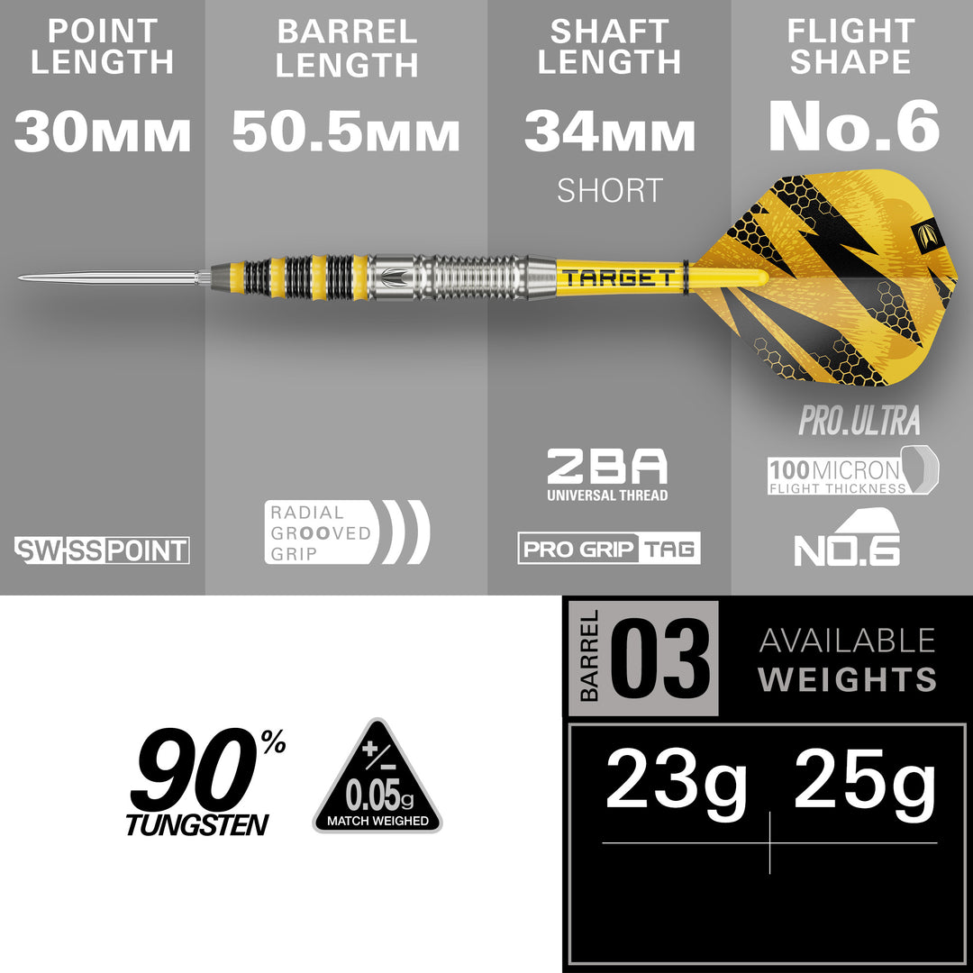 Buzz SP03 Steel Tip Darts - 90% Tungsten – barrel length and setup specifications