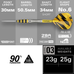 Buzz SP03 Steel Tip Darts - 90% Tungsten – barrel length and setup specifications