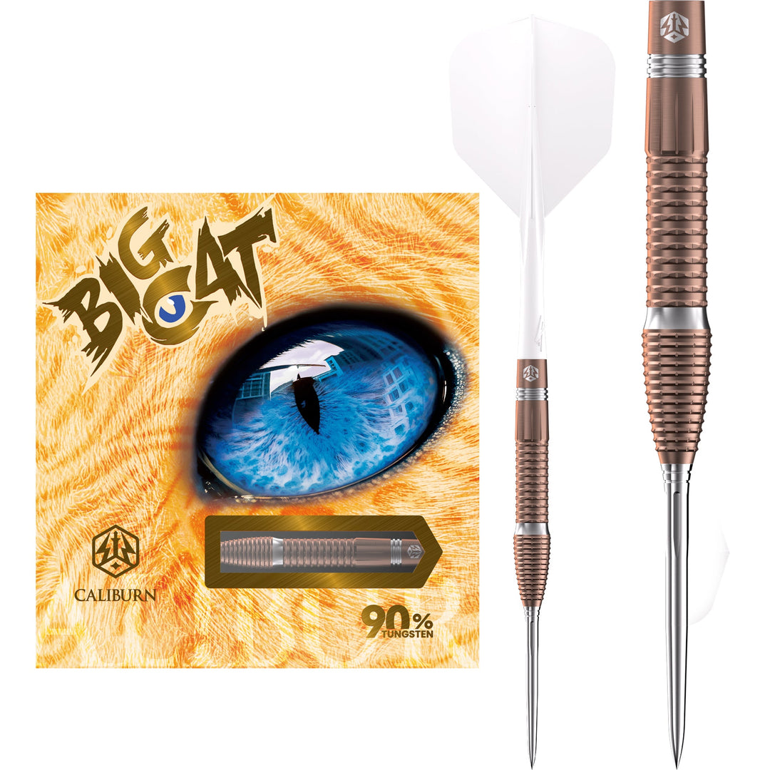 Caliburn Big Cats Steel Tip Darts 90% Tungsten — dart, barrel detail and packaging