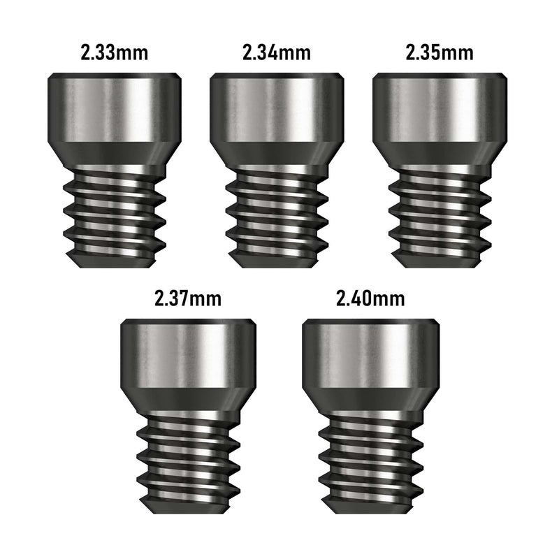 Caliburn Evo dart point spigots size guide for 2.34mm, 2.35mm, 2.37mm and 2.40mm fittings
