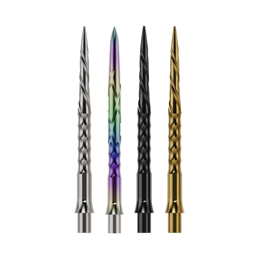 Caliburn EVO steel tip dart points in Silver, Rainbow, Black and Gold, one of each colour shown vertically; colour and style options sold separately.