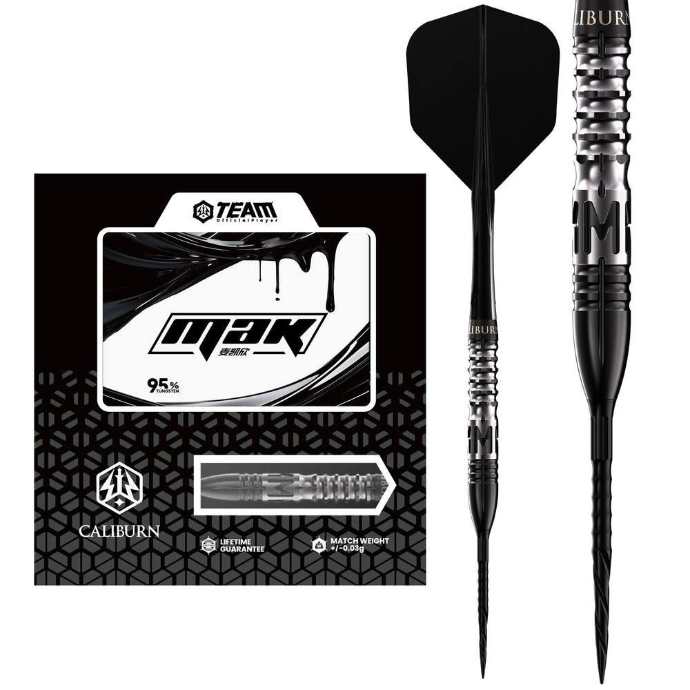 Caliburn Mak Steel Tip Darts 95% Tungsten — dart, barrel detail and packaging
