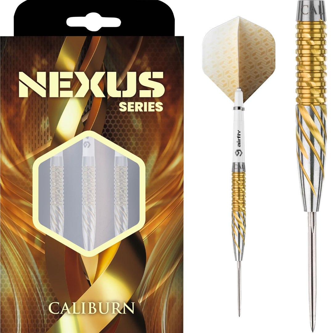 Caliburn Nexus N2 Steel Tip Darts 95% Tungsten — dart, barrel detail and packaging