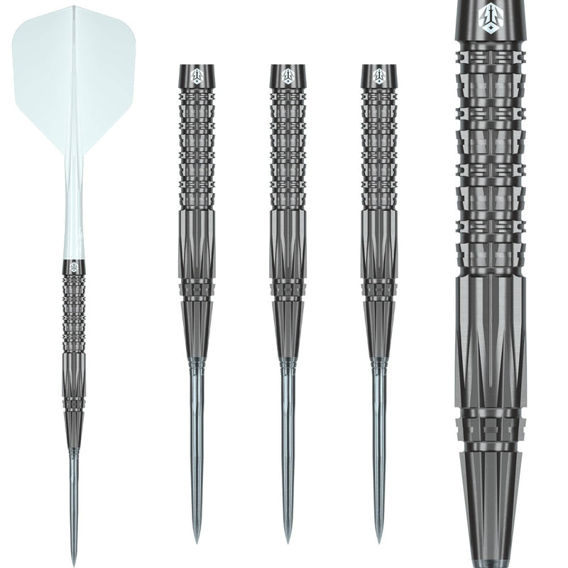Caliburn Prisma P2 Steel Tip Darts 95% Tungsten — dart, barrels and grip detail