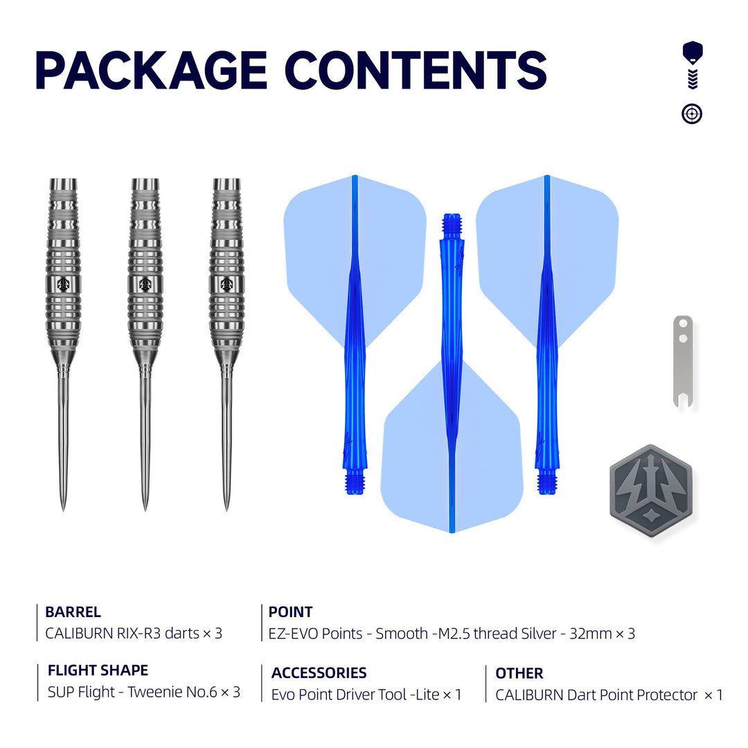 Caliburn RIX R3 Steel Tip Darts 90% Tungsten — set contents diagram