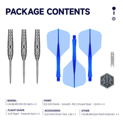 Caliburn RIX R3 Steel Tip Darts 90% Tungsten — set contents diagram