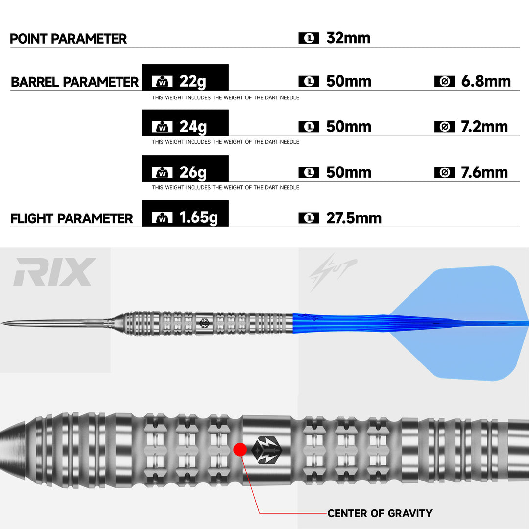 Caliburn RIX R4 Steel Tip Darts 90% Tungsten — dart and barrel dimensions chart