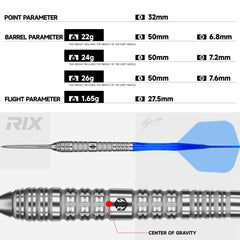 Caliburn RIX R4 Steel Tip Darts 90% Tungsten — dart and barrel dimensions chart