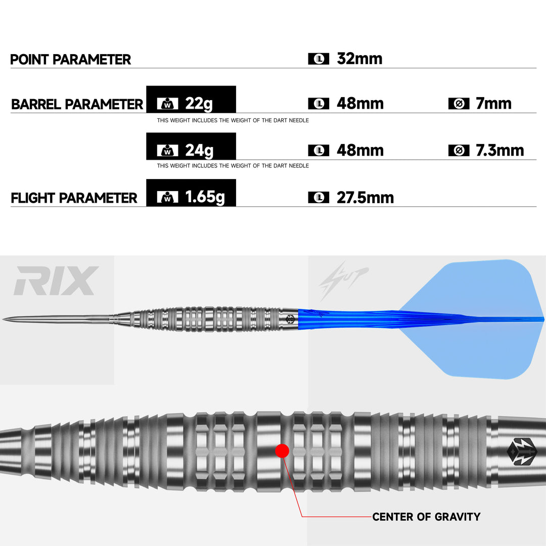 Caliburn RIX R6 Steel Tip Darts 90% Tungsten — dart and barrel dimensions chart