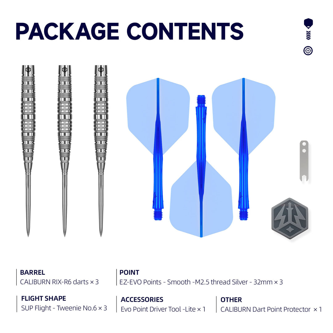 Caliburn RIX R6 Steel Tip Darts 90% Tungsten — set contents diagram