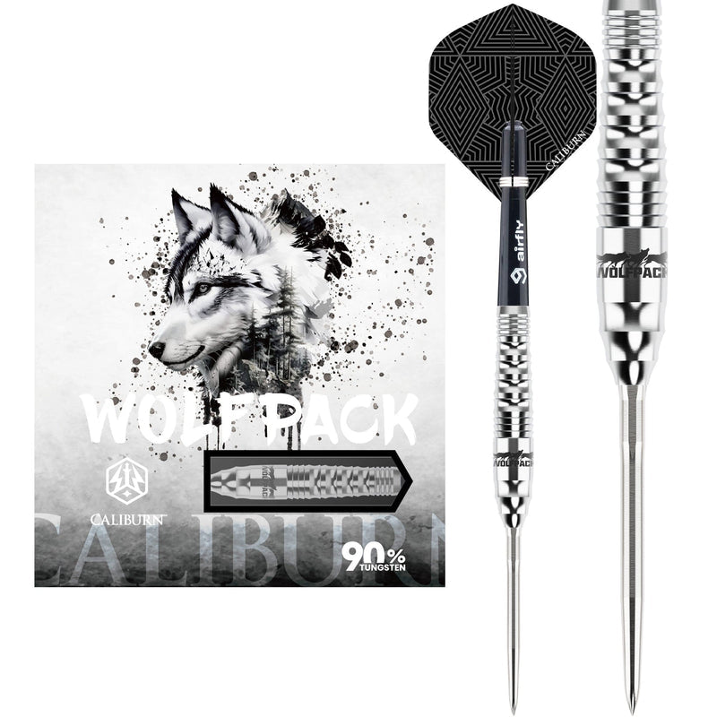 Caliburn Wolfpack W3 Steel Tip Darts 90% Tungsten — dart, barrel detail and packaging